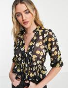 Asos Design Sheer Long Sleeve Top With Shirred Waist In Yellow Pansy Print-multi