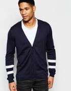 Asos Cardigan In Cotton With Stripe Detail On Sleeve - Navy