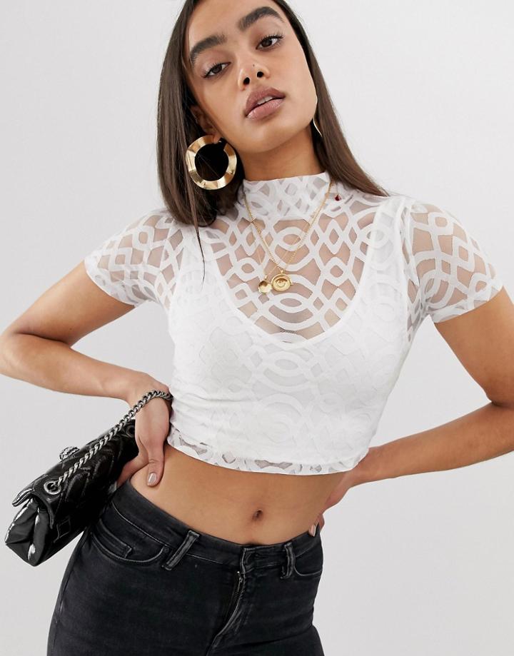 Asos Design Geo Mesh Top With Bralette-white