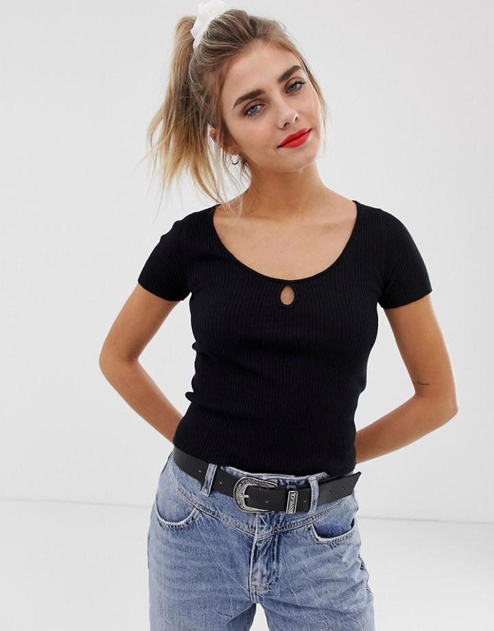 Bershka Ribbed Keyhole Top In Black - Black