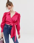Asos Design Long Sleeve Wrap Top With Volume Sleeves In Cotton - Pink