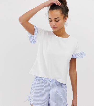 Hey Peachy Stripe Short Pyjama Set With Ruffle Detail In Blue