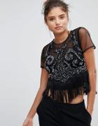 Asos Embellished Applique T-shirt With Fringing - Black