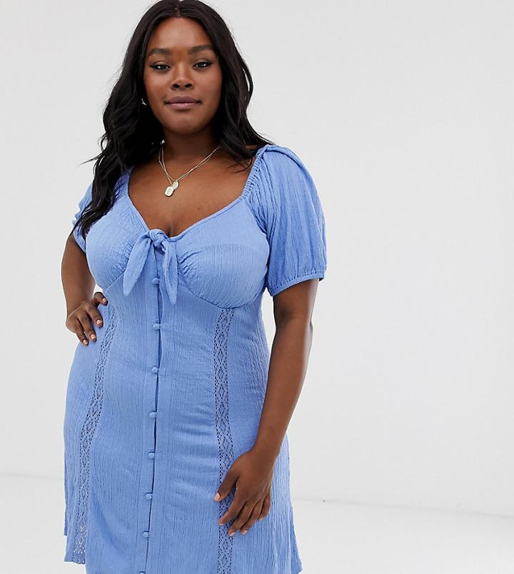Asos Design Curve Knot Front Button Through Sundress With Puff Sleeve-blue