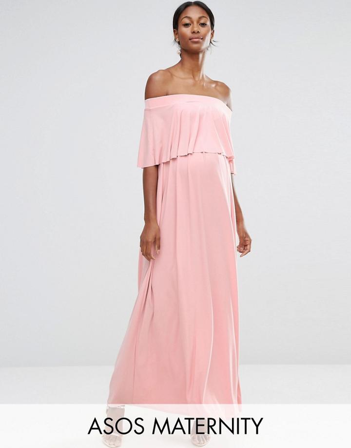 Asos Maternity Wedding Off Shoulder Frill Maxi Dress - Pink