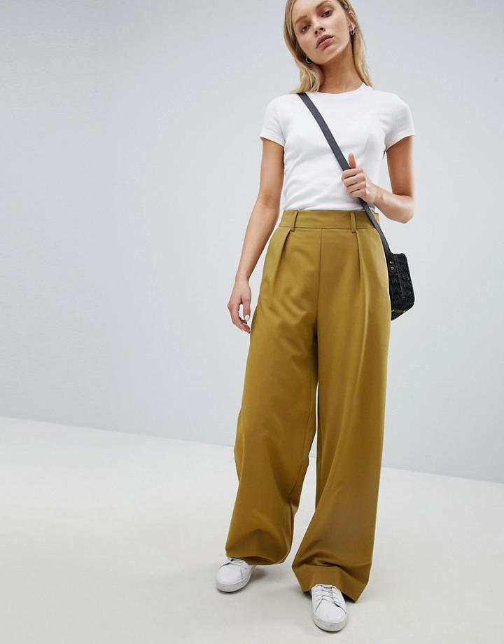 Asos Design Wide Leg Pants With Pleat Detail - Green