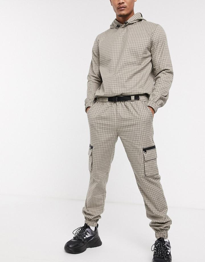 Asos Design Two-piece Slim Utility Pants In Check With Cargo Pockets-brown