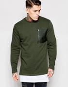 Asos Longline Sweatshirt With Fixed Hem & Zip Pocket - Khaki