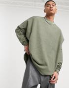 Asos Design Oversized Turtle Neck Sweatshirt With Raw Hem In Khaki-green