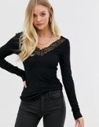 Y.a.s V Neck Rib Lace Trim Top-black