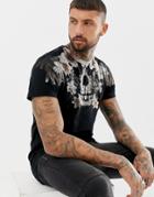 Religion Muscle Fit T-shirt With Skull Floral Print In Black - Black