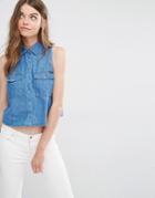 Pull & Bear Sleeveless Denim Shirt In Mid Wash - Blue