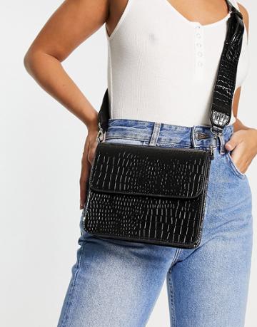 Hvisk Cayman Cross Body Bag In Black Croc - Black
