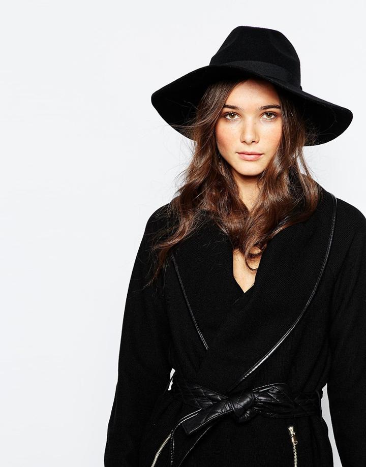 Pieces Wide Brim Wool Fedora - Black