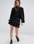 Motel Ruffle Mini Skirt In Spot - Black