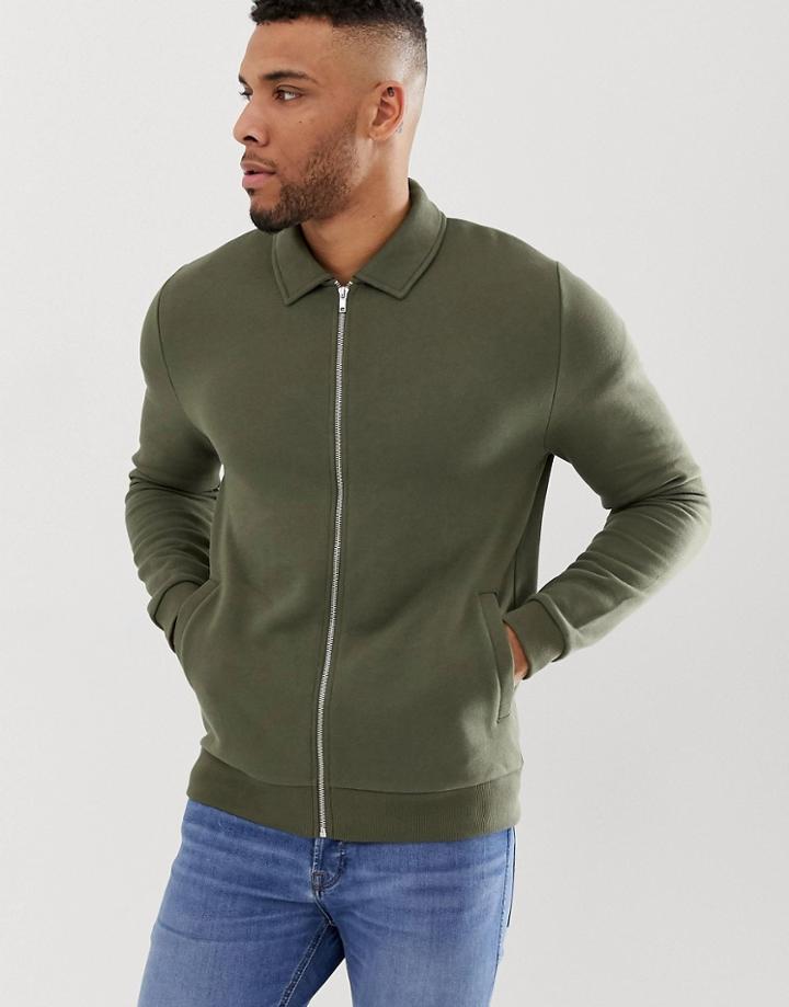 Asos Design Jersey Harrington Jacket In Khaki-green