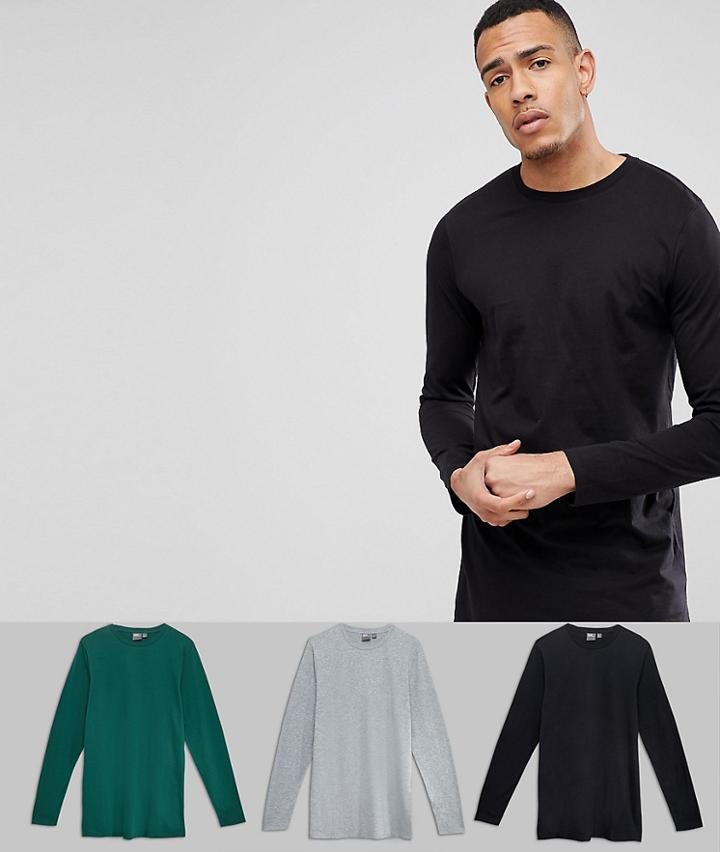 Asos Tall Longline Long Sleeve T-shirt With Crew Neck 3 Pack Save - Multi