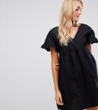 Asos Design Tall V Front V Back Cotton Smock Mini Dress - Black