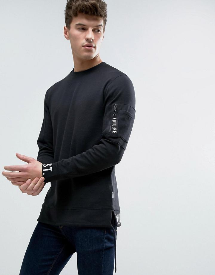 Jack & Jones Core Longline Sweatshirt With Cuff Print And Arm Pocket - Black