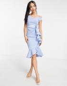 Lipsy Satin Bardot Body-conscious Dress In Blue