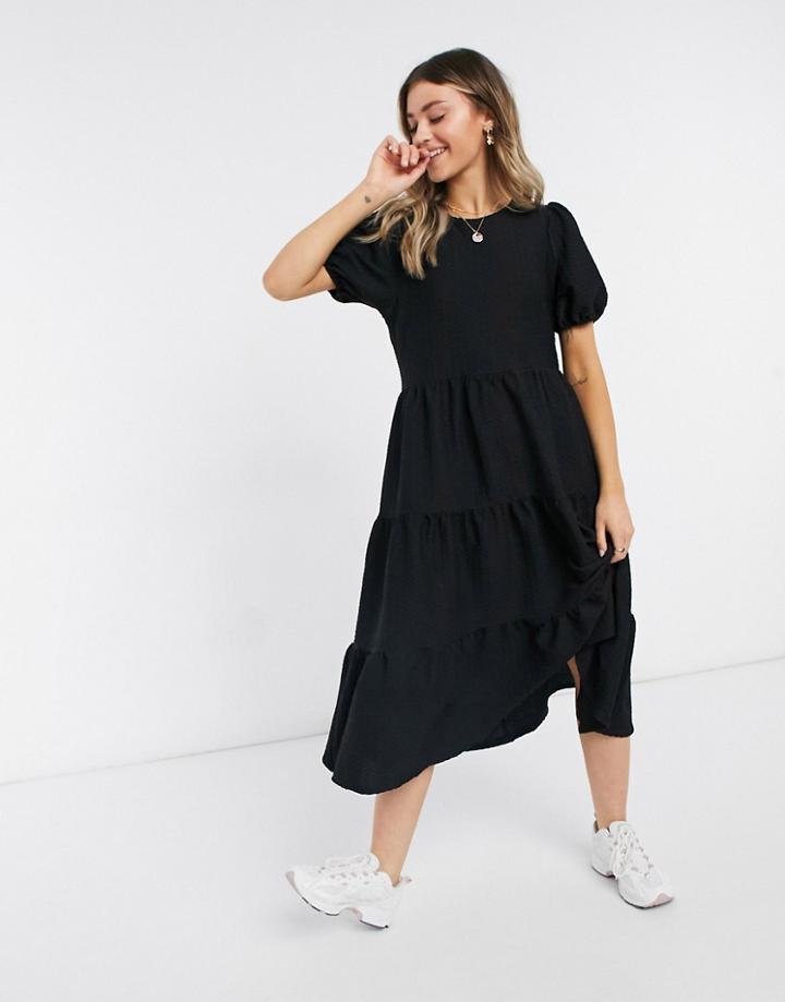 Asos Design Oversized Textured Midi Smock Dress In Black