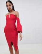 Vesper Bell Sleeve Pencil Dress With Front Split - Red