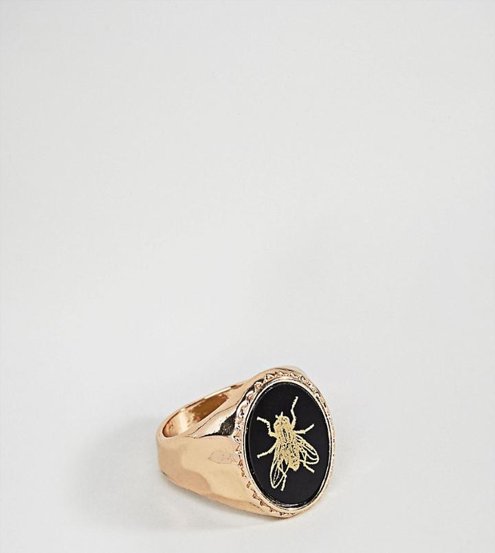 Asos Plus Signet Ring In Black And Gold With Insect Design - Gold