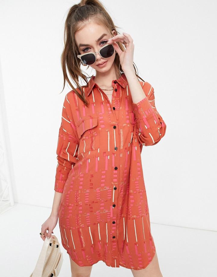 Native Youth Print Shirt Dress-orange