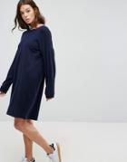 Asos Knitted Sweater Dress With Volume Sleeves - Navy