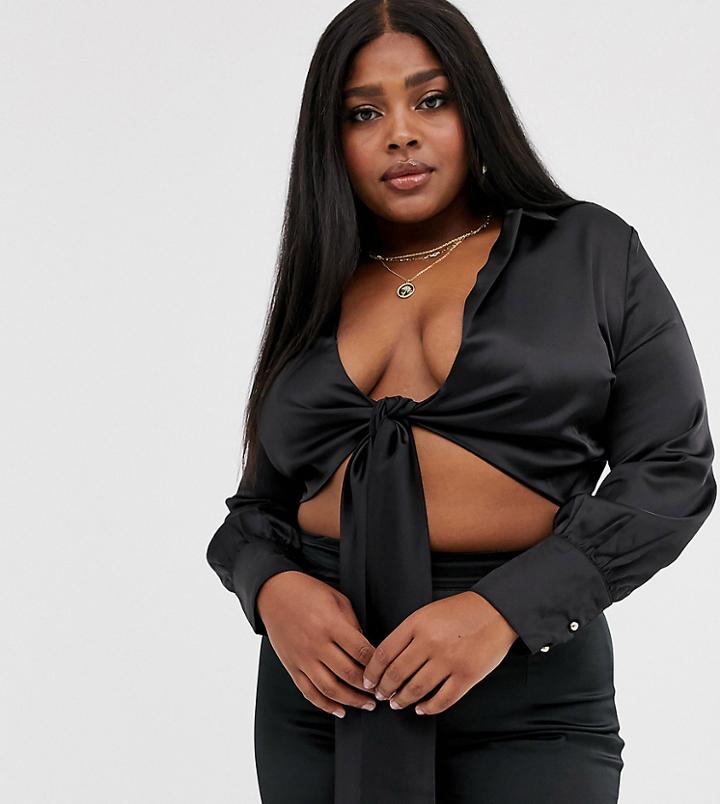 Club L London Plus Satin Wrap Crop Top In Black - Black