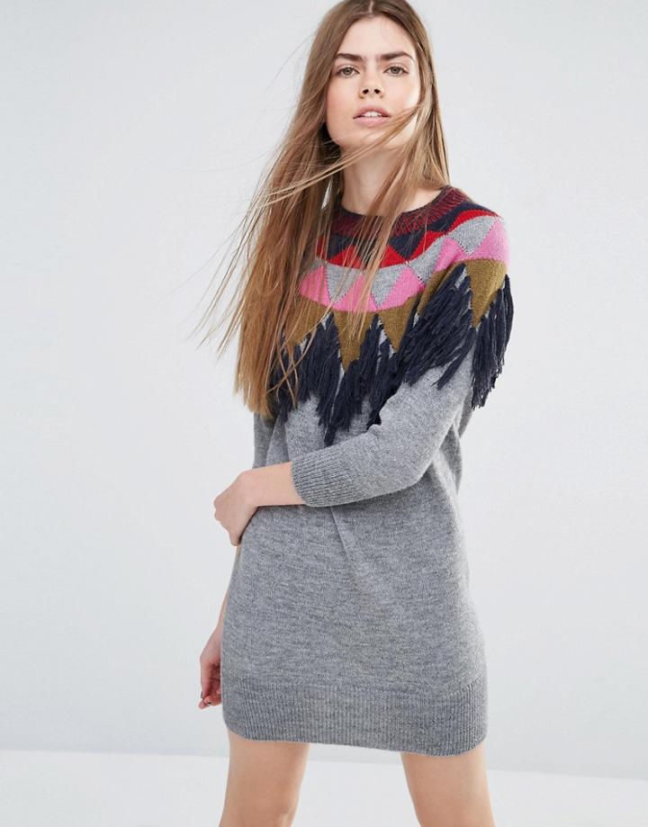 Vanessa Bruno Athe Knitted Sweater Dress With Fringing - Gray