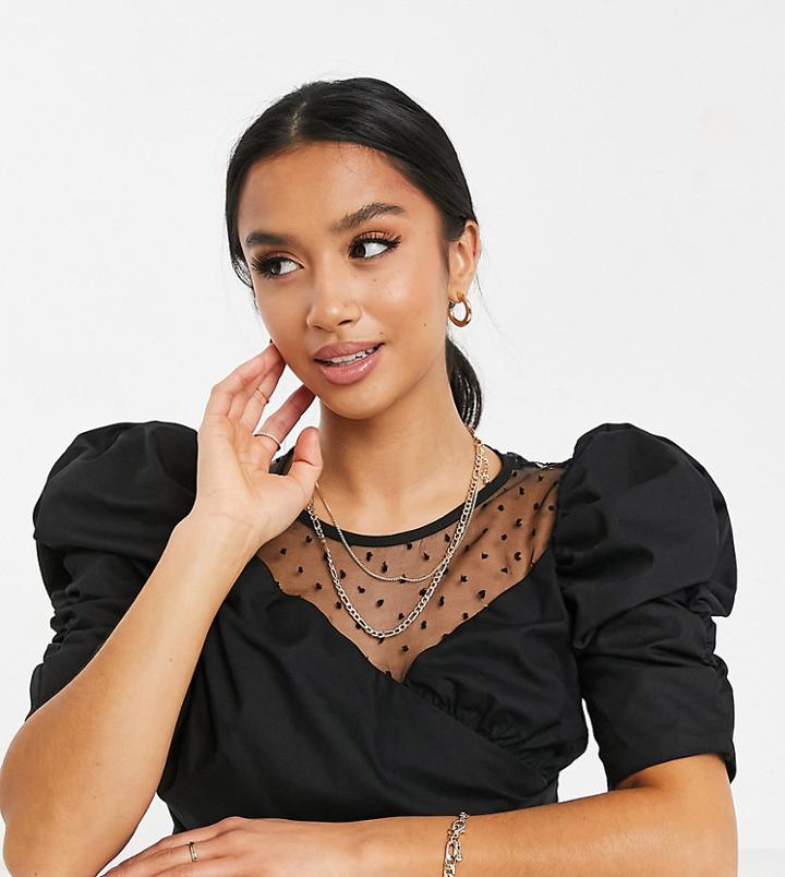 River Island Petite Ruched Sleeve Textured Mesh Crop Top In Black