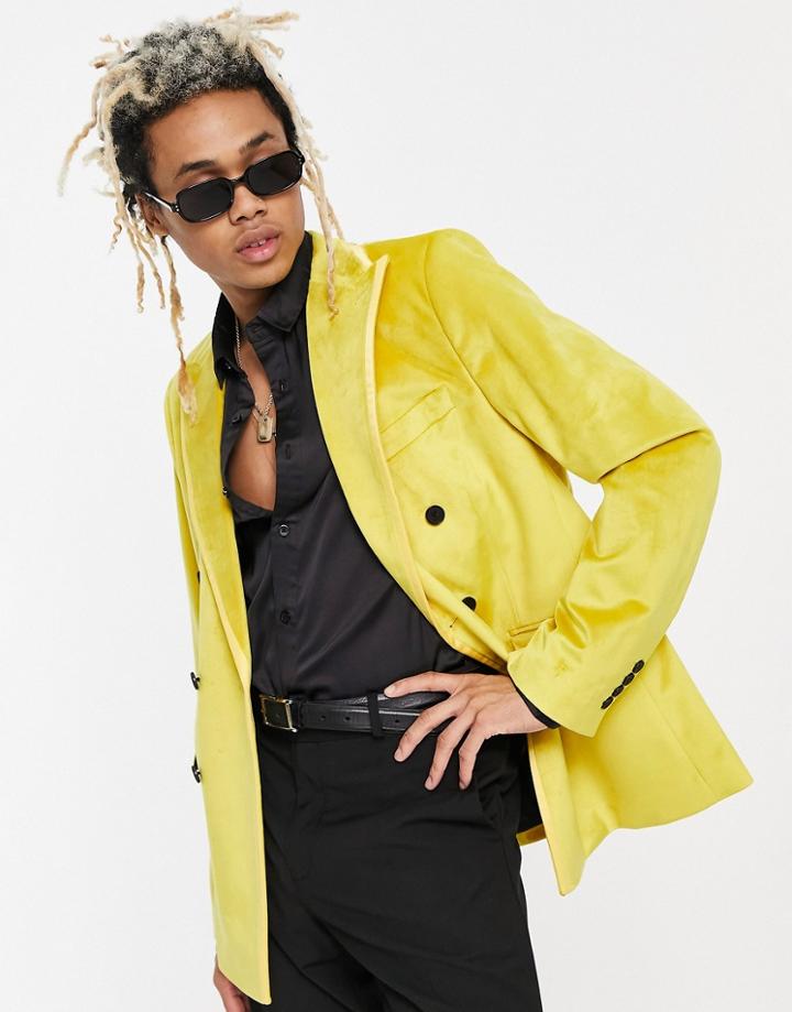 Devils Advocate Double Breasted Skinny Fit Velvet Suit Jacket-yellow