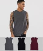 Asos Design Sleeveless T-shirt With Dropped Armhole 3 Pack Multipack Saving - Multi