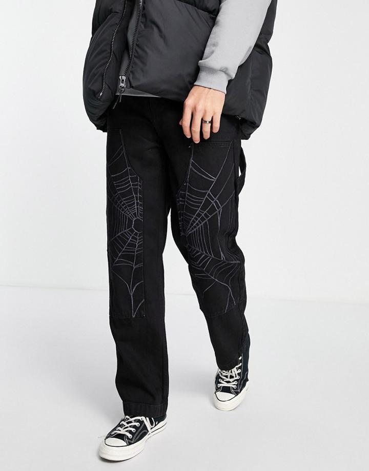 Jaded London Straight Leg Jeans In Black With Spider Web Panel Print