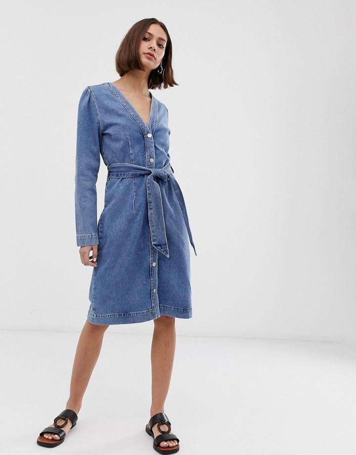 Selected Femme Button Down Denim Dress With Tie Waist-blue