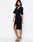 Asos Clean Obi Wrap Dress With V Front - Navy