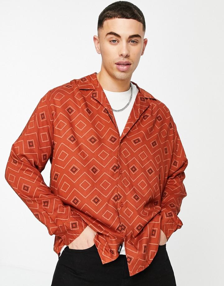 Only & Sons Oversized Shirt With Geo Print & Revere Collar In Red