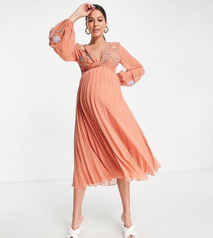 Asos Design Maternity Textured Twist Front Pleated Midi Dress With All Over Embroidery In Rust-orange