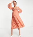 Asos Design Maternity Textured Twist Front Pleated Midi Dress With All Over Embroidery In Rust-orange
