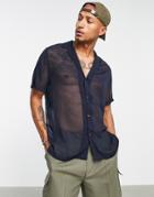 Asos Design Relaxed Sheer Crepe Shirt With Revere Collar In Navy