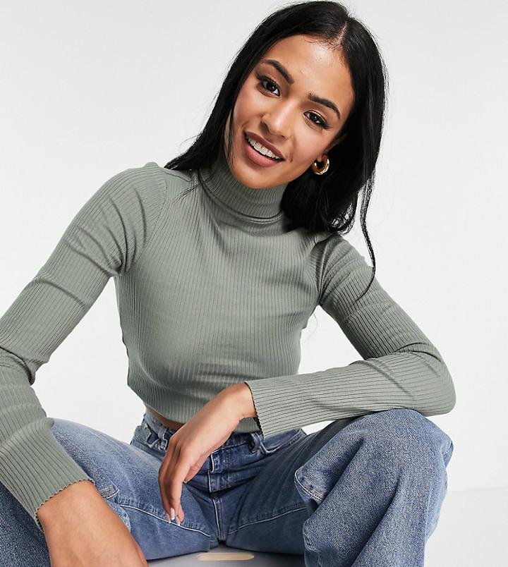 Asos Design Tall Roll Neck Crop Top In Rib In Khaki-green
