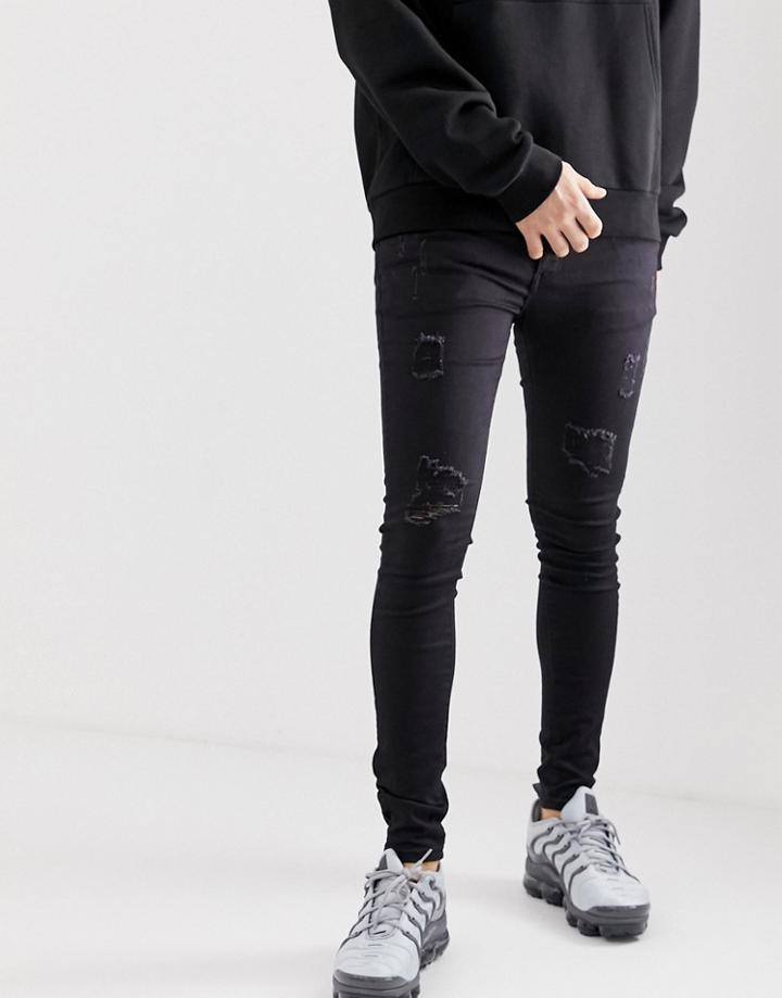 Sixth June Super Skinny Jeans With Distressing In Black
