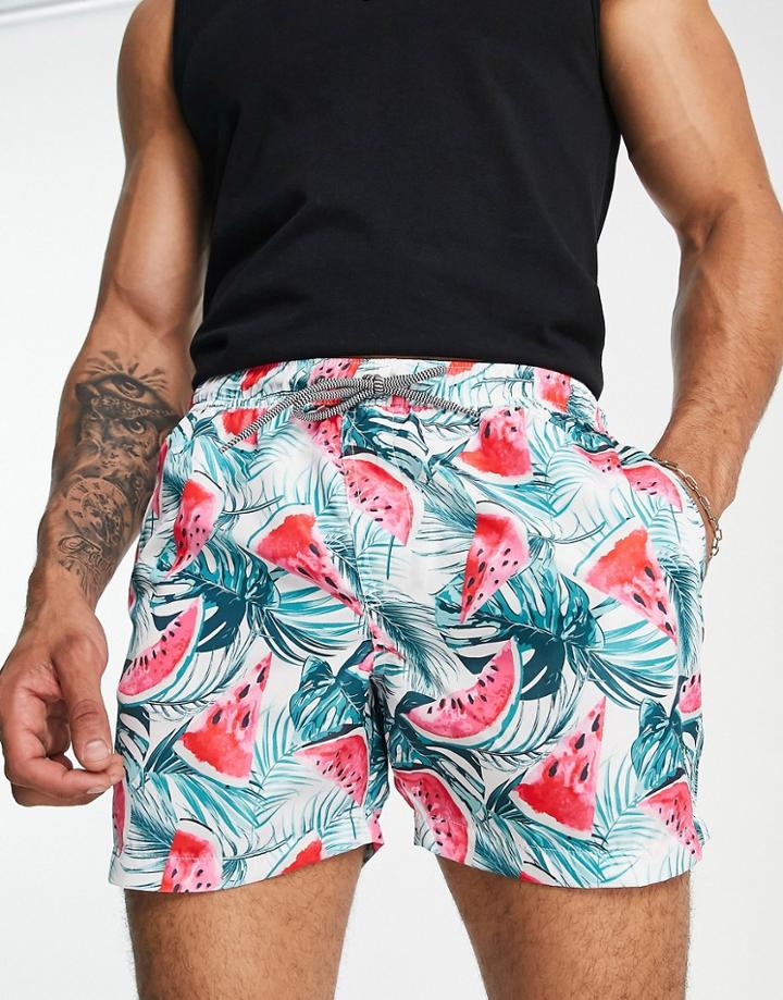 Brave Soul Swim Shorts In Watermelon Print-white