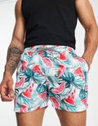 Brave Soul Swim Shorts In Watermelon Print-white