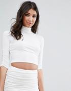 Missguided White Gathered Sleeve High Neck Crop Top - Cream