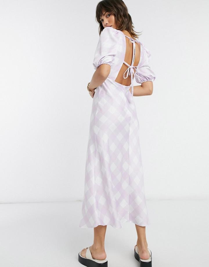 Asos Design Satin Puff Sleeve Open Back Midi Tea Dress In Soft Check-multi