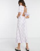 Asos Design Satin Puff Sleeve Open Back Midi Tea Dress In Soft Check-multi