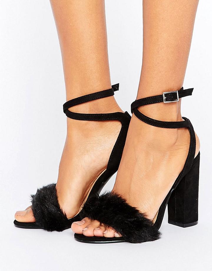 Truffle Collection Black Fur Velvet Heel Sandal - Black