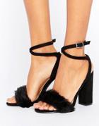 Truffle Collection Black Fur Velvet Heel Sandal - Black